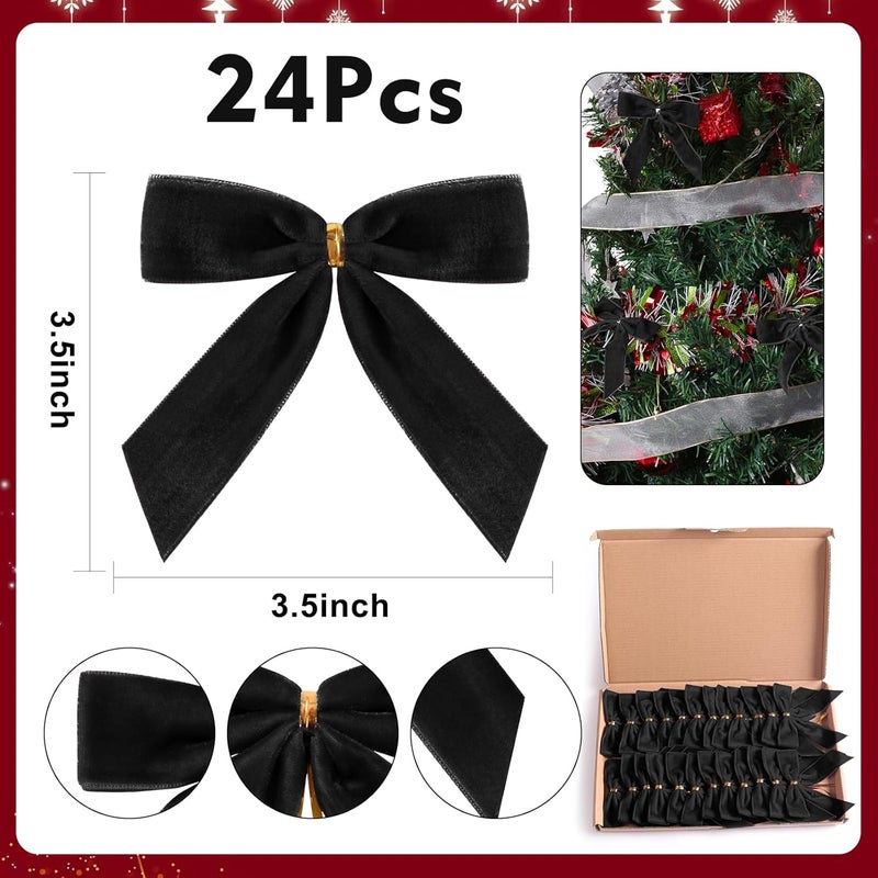 Utehilly 24 Pcs Black Small Velvet Christmas Bows for Christmas Tree, Wreath, Gift Wrapping, Crafts, Wedding, Party, Twist Tie Bows for Treat Bag Bakery Candy Bags, Home Decor 1" W,3.5 x 3.5 inch - Image 3